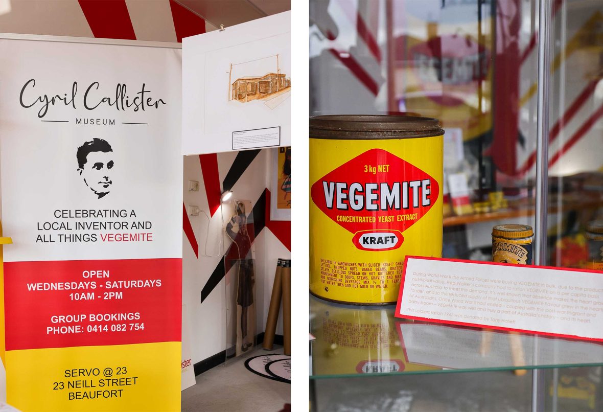 Exhibition items at the museum that celebrates 100 years of Vegemite. On gthe left a banner celebrating the scientist who created Vegemite - Cyril Callistair. Right and old jar of Vegemite.