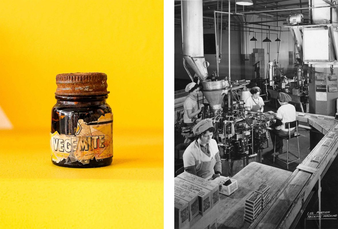 Left: An old jar of Vegemite. Right: Women working at a Vegemite Factory in the past.