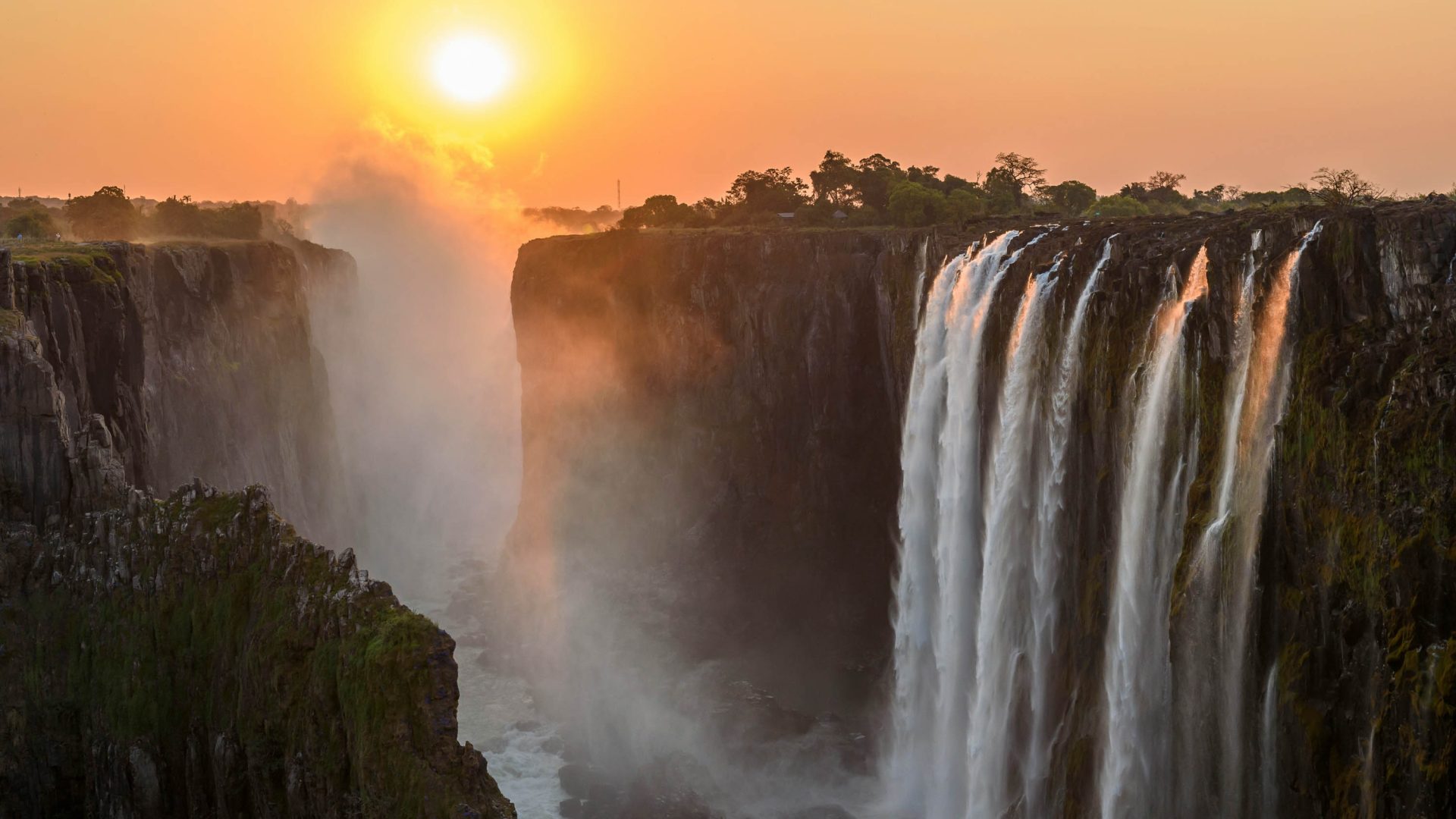 Victoria falls at sunset.