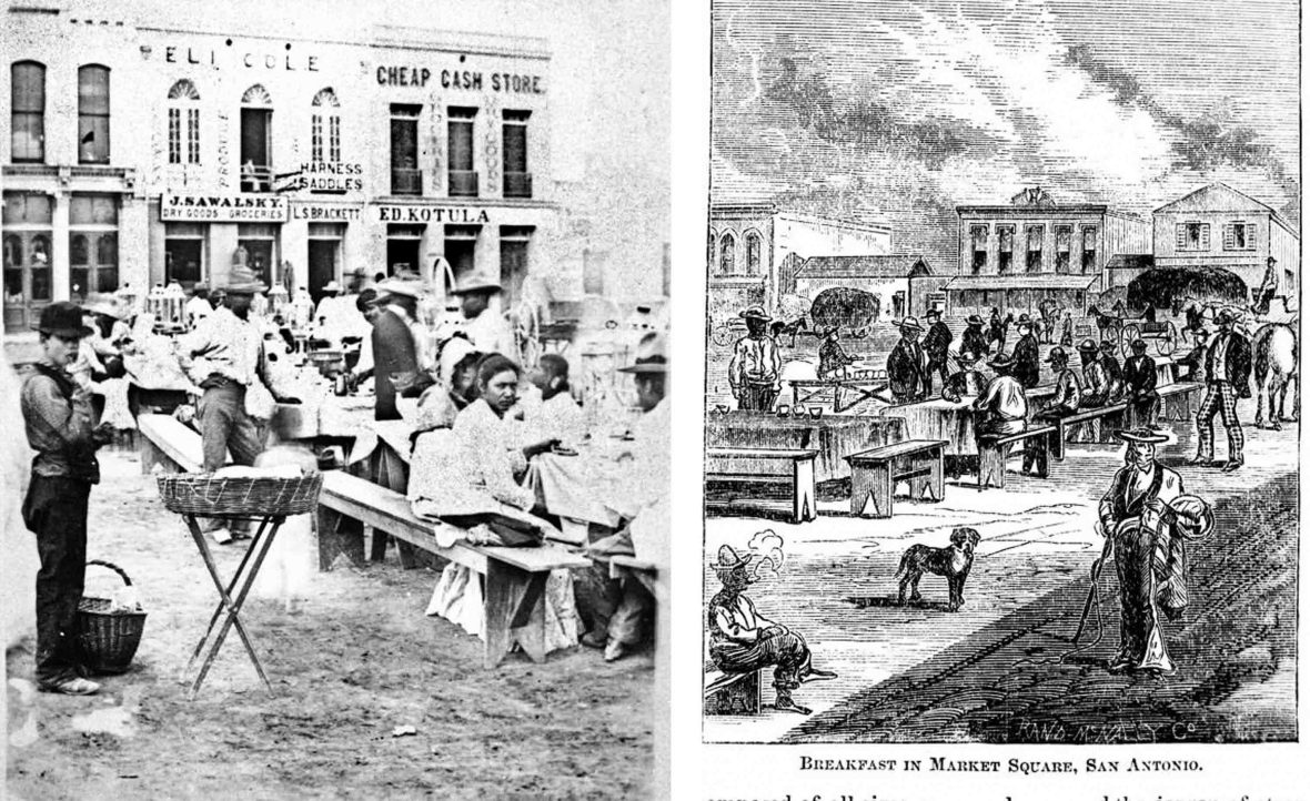 A black and white photo and an engraving of people eating at chilli stands in Military Plaza.