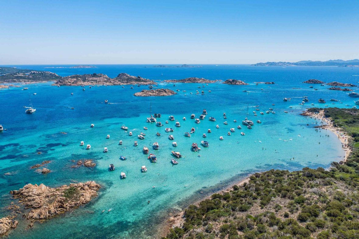 An aerial view over a coastline in Sardinia, Italy.