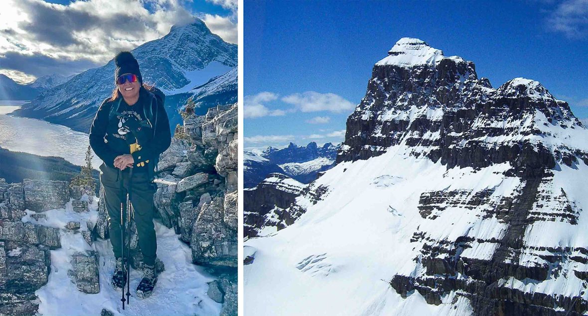 Left: Heather Black stands on a snowy mountain. Right: Mount Clline summit.