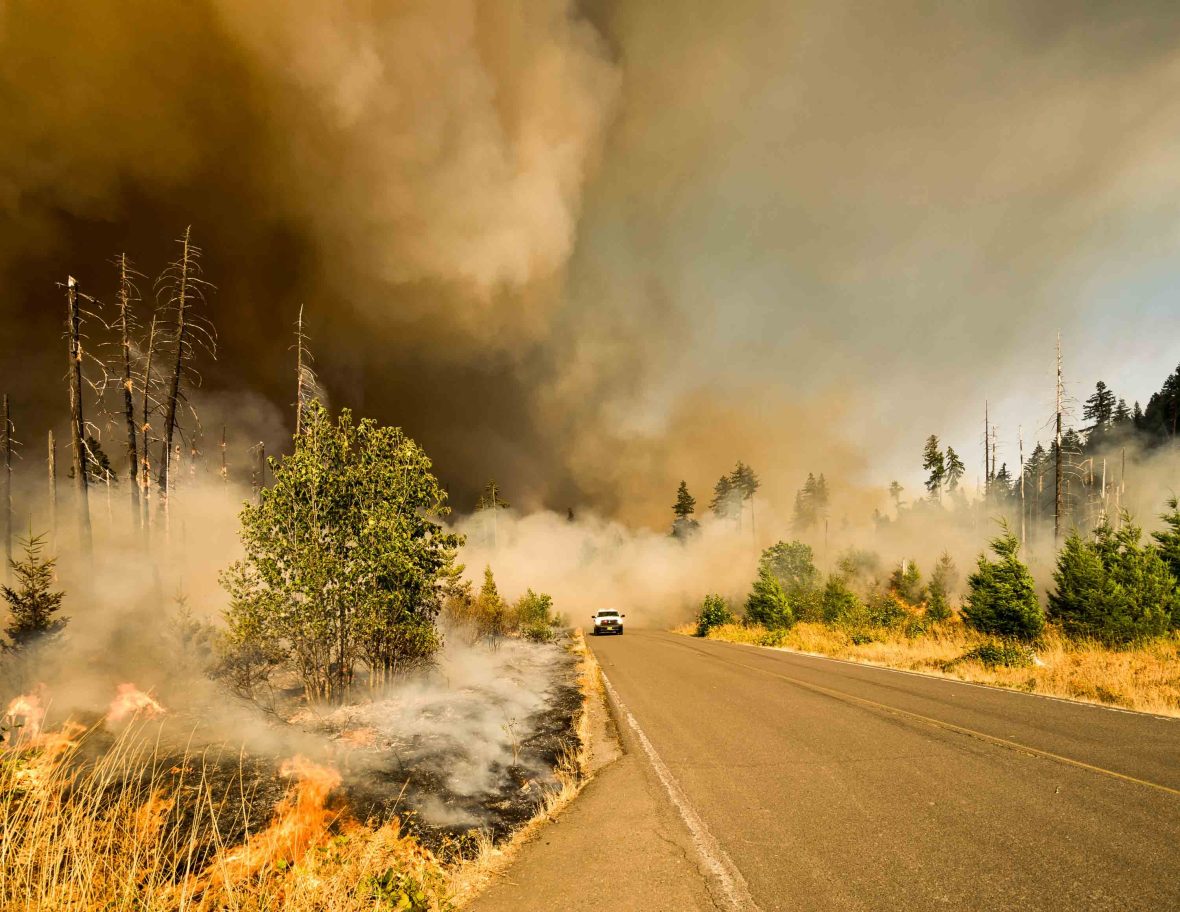 A car drives away from a wildfire burning behind it.