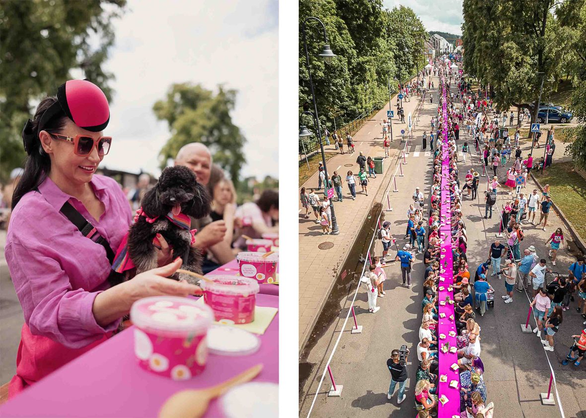 Left: A woman sits with her dog at the banquet table. Right: The banquet table as seen from above with people seated at the table and mingling nearby.