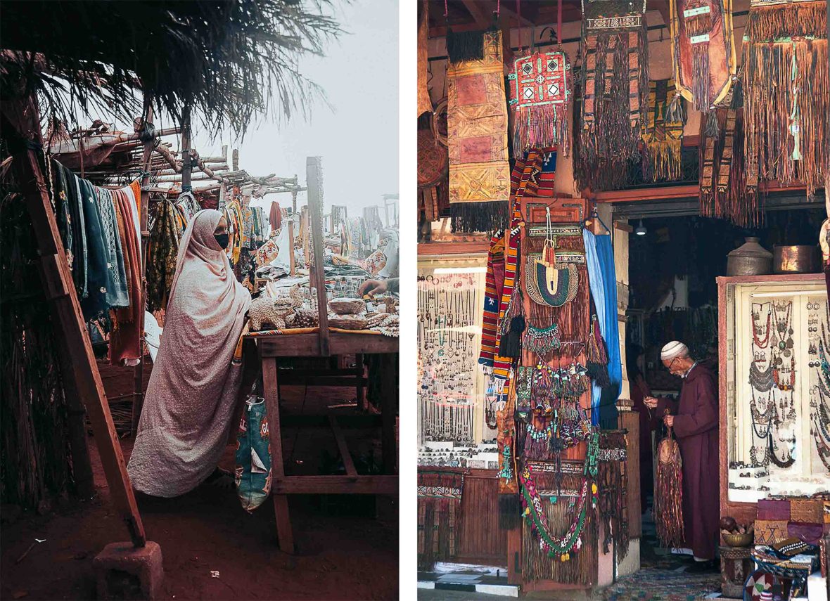 A woman and a man sell souvenirs. She is at an outside stall and he at a shop.