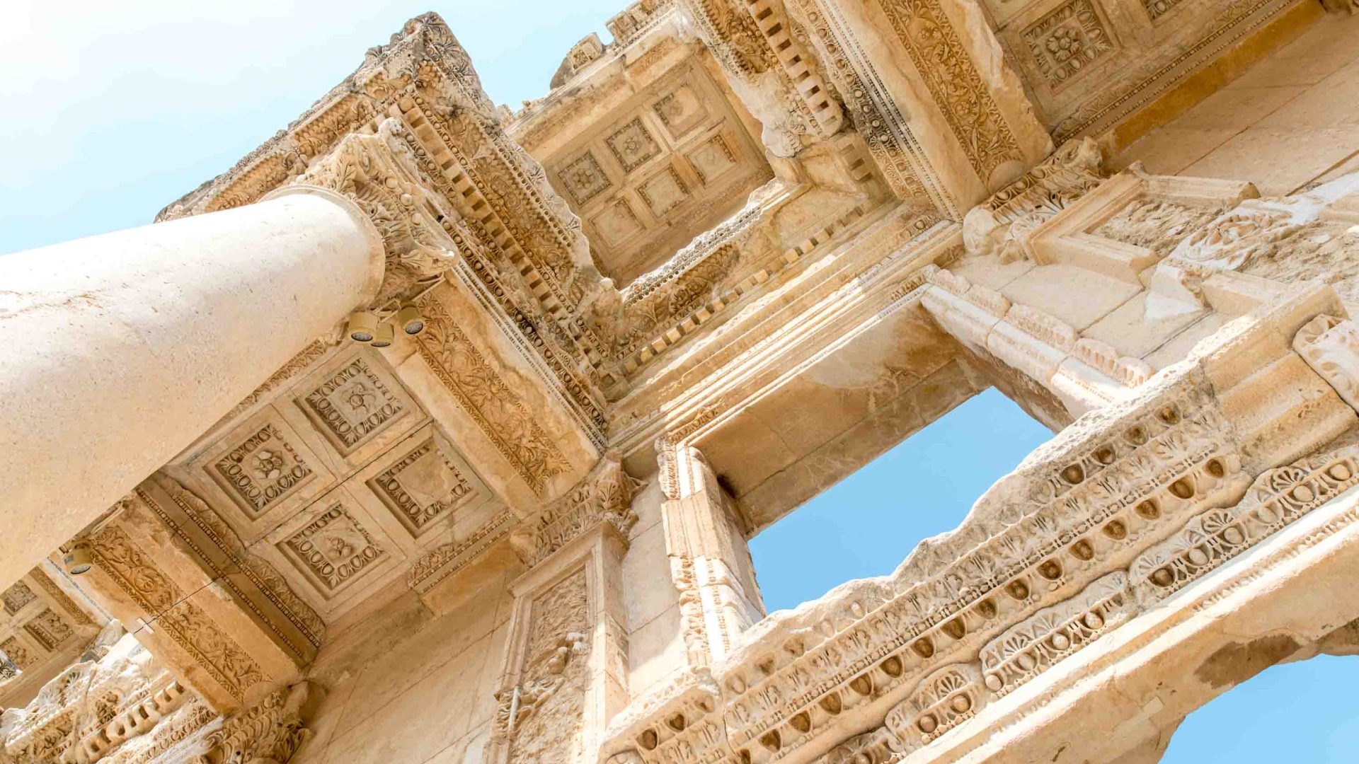 Ruins of Ephesus as seen from down low, looking up.