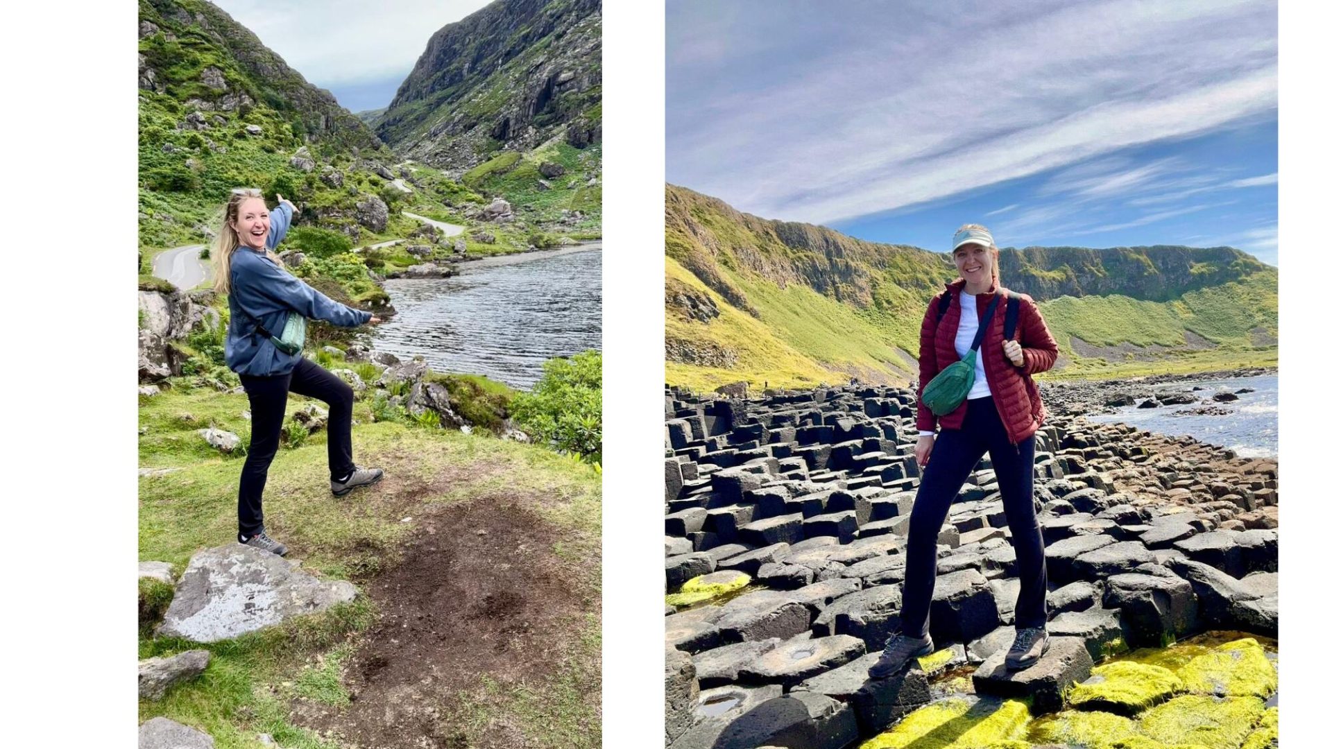 Two vertical photos of a blonde woman in the Irish countryside, with green mountains behind her.